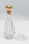 AN AF GLASS SCENT BOTTLE, tapered cut glass bottle, separated from a round glass base, fitted with a