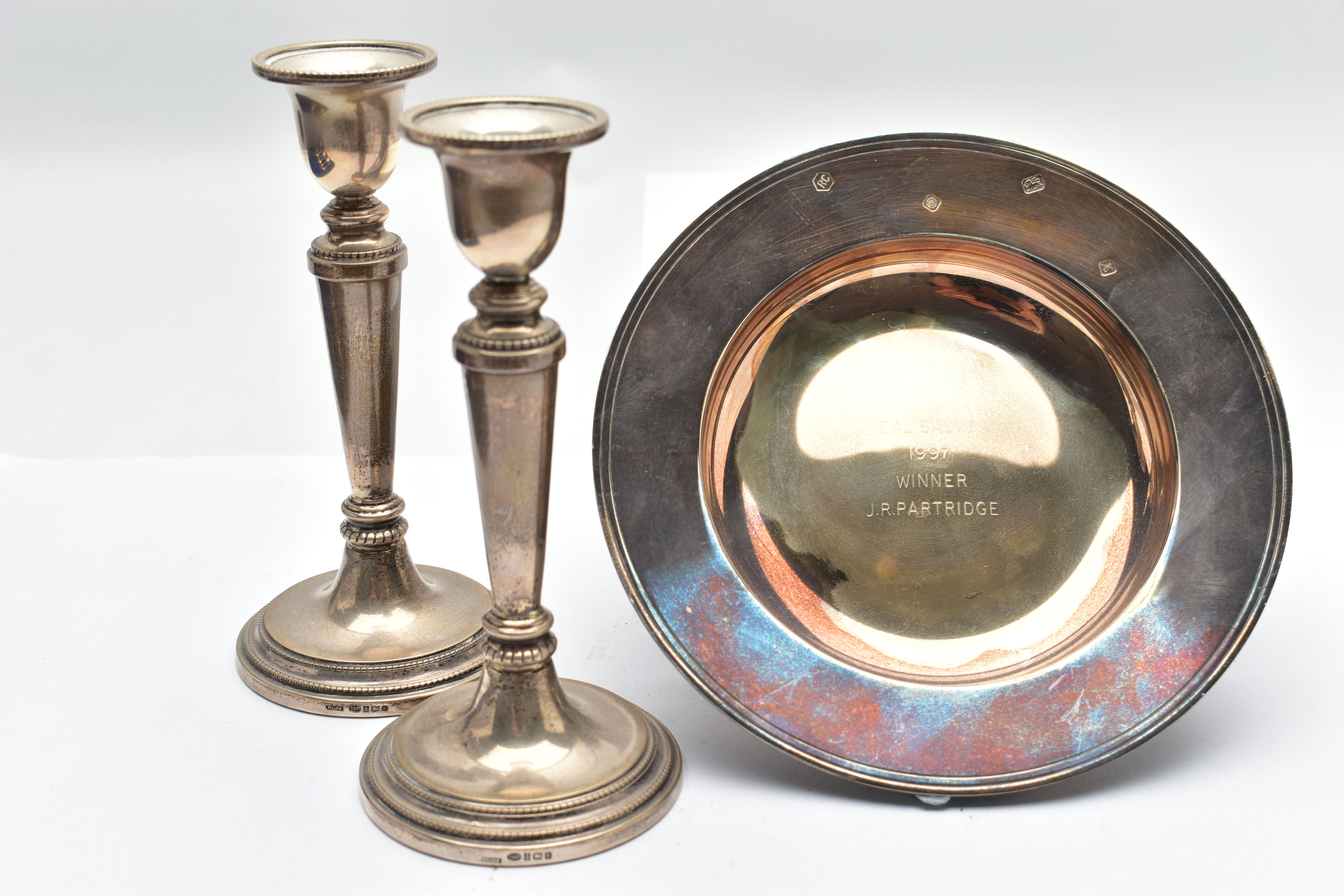 A SILVER DISH AND TEASPOONS, of a round polished form, gilt interior to the bowl with personal - Image 2 of 3