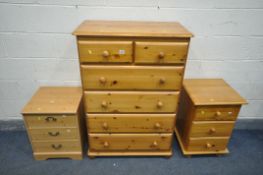 A PINE CHEST OF TWO SHORT AND FOUR LONG DRAWERS, width 82cm x depth 43cm x height 120cm, a similar