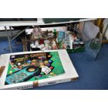 FOUR BOXES OF HOUSEHOLD SUNDRIES AND A CASINO GAME SET, to include a large seven in one Casino