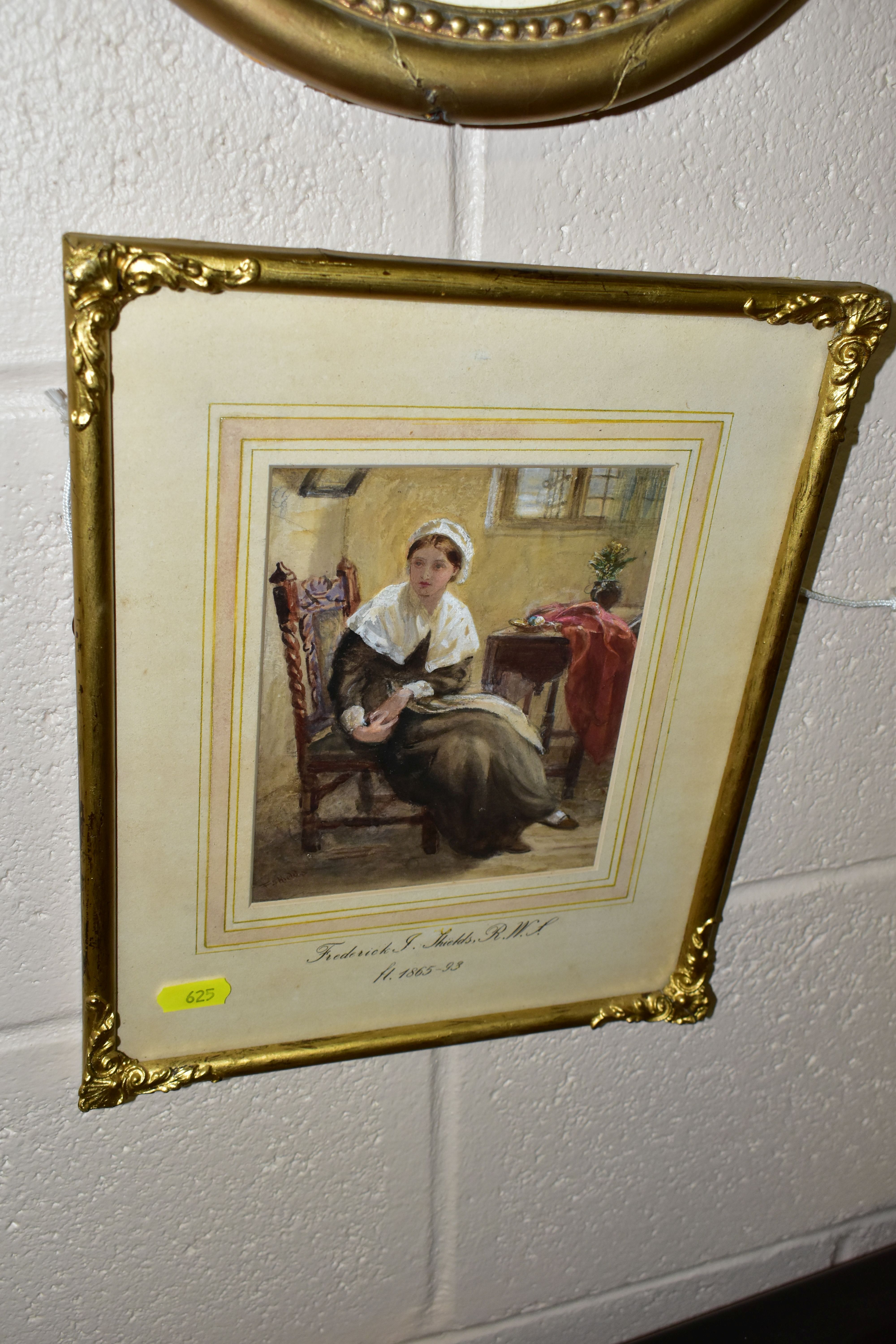 F. SHIELDS, A VICTORIAN LADY IS SITTING IN A CHAIR BESIDE A TABLE, signed F. Shields bottom left, - Image 3 of 3