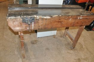 A PINE WORKBENCH WITH WODEN 194 VICE (condition- some woodworm to legs)