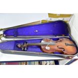 A TWENTIETH CENTURY CASED VIOLIN, with one-piece back, wooden case and bow (1) (Condition report: