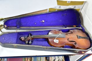 A TWENTIETH CENTURY CASED VIOLIN, with one-piece back, wooden case and bow (1) (Condition report: