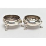 TWO SILVER SALT CELLARS, both of circular outline, with personalised monogram to side, each with
