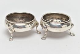 TWO SILVER SALT CELLARS, both of circular outline, with personalised monogram to side, each with