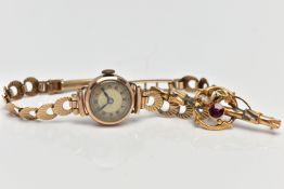 A LADIES MID 20TH CENTURY 9CT GOLD WRISTWATCH AND 9CT GOLD TOURMALINE BROOCH AF, the first a