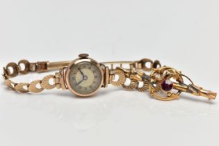 A LADIES MID 20TH CENTURY 9CT GOLD WRISTWATCH AND 9CT GOLD TOURMALINE BROOCH AF, the first a