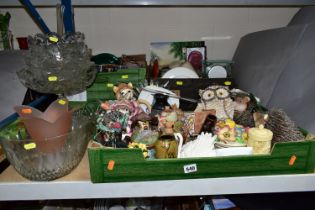 THREE BOXES OF HOUSEHOLD SUNDRIES, to include a family of four terracotta hedgehogs, a vintage shell