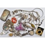 A BAG OF SILVER AND WHITE METAL JEWELLERY, to include a single yellow metal oval hoop earring,