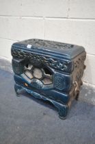A SMALL FRENCH TURQUOISE ENAMEL CAST IRON STOVE, stamped Faure Revin, with a pierced hinged lid, a