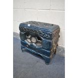 A SMALL FRENCH TURQUOISE ENAMEL CAST IRON STOVE, stamped Faure Revin, with a pierced hinged lid, a