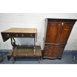 A MAHOGANY SOFA TABLE, with two drawers, a drop leaf coffee table, and a four door drinks cabinet,