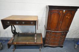 A MAHOGANY SOFA TABLE, with two drawers, a drop leaf coffee table, and a four door drinks cabinet,
