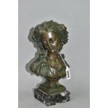 A REPRODUCTION BUST OF A LADY, bronzed effect, on a square marble base, height 23.5cm (1) (Condition
