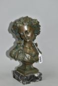 A REPRODUCTION BUST OF A LADY, bronzed effect, on a square marble base, height 23.5cm (1) (Condition