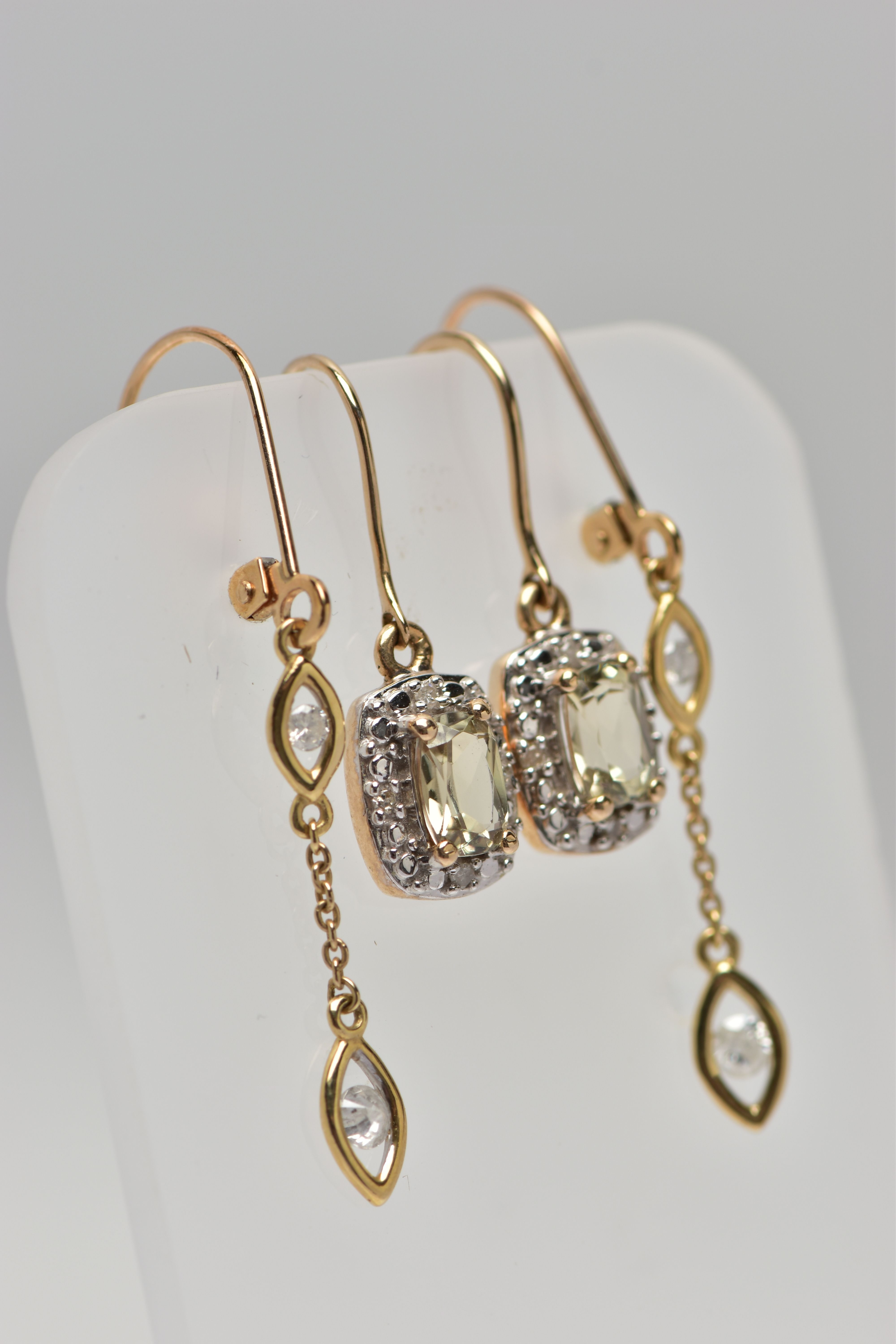 TWO PAIRS OF YELLOW METAL DIAMOND AND GEM SET EARRINGS, the first a pair of drop earrings each - Image 2 of 3