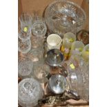 TWO BOXES OF CUT CRYSTAL BOWLS, DRINKING GLASSES AND METALWARE, to include cut crystal rose bowls,