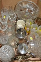TWO BOXES OF CUT CRYSTAL BOWLS, DRINKING GLASSES AND METALWARE, to include cut crystal rose bowls,