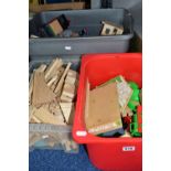 THREE BOXES OF CHILDREN'S WOODEN RAILWAY TRACK, TRAINS, BUILDINGS, ETC, including a small element of
