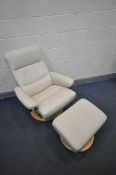 A CREAM LEATHER EKORNES STRESSLESS SWIVEL RECLINING ARMCHAIR, on a beech frame, and a matching