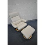 A CREAM LEATHER EKORNES STRESSLESS SWIVEL RECLINING ARMCHAIR, on a beech frame, and a matching