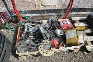 TWO PALLETS OF GO CART PARTS including petrol engine and electric components, cogs, gears, handle