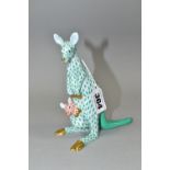 A HEREND FIGURE OF A KANGAROO AND JOEY IN POUCH, no. 5328, adult in green fish net and joey in