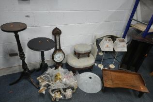 A SELECTION OF OCCASIONAL FURNITURE, to include two graduated footstools, an oak aneroid
