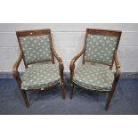 A PAIR OF FRUITWOOD FRENCH OPEN ARMCHAIRS, with scrolled armrests (condition:-ideal for