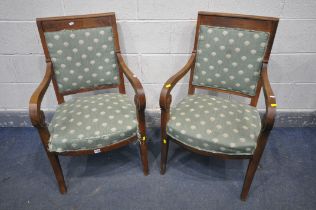 A PAIR OF FRUITWOOD FRENCH OPEN ARMCHAIRS, with scrolled armrests (condition:-ideal for