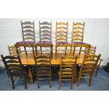 A REPRODUCTION OAK DRAW LEAF DINING TABLE, one additional leaf, along with a set of six ladder