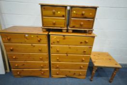 A PAIR OF PINE CHEST OF FIVE LONG DRAWERS, width 83cm x depth 45cm x height 108cm, a small