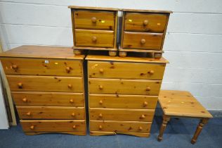 A PAIR OF PINE CHEST OF FIVE LONG DRAWERS, width 83cm x depth 45cm x height 108cm, a small