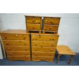 A PAIR OF PINE CHEST OF FIVE LONG DRAWERS, width 83cm x depth 45cm x height 108cm, a small