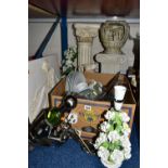 ONE BOX OF GLASSWARE AND MISCELLANEOUS ITEMS, to include a china table lamp of white carnations,