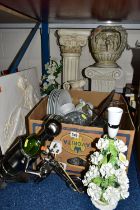 ONE BOX OF GLASSWARE AND MISCELLANEOUS ITEMS, to include a china table lamp of white carnations,
