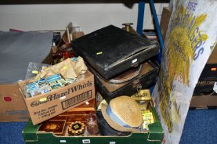 THREE BOXES AND LOOSE BOOKS, GRAMOPHONE, METALWARES AND SUNDRY ITEMS, to include a cased portable