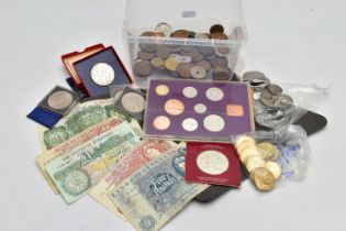 A PLASTIC TUB CONTAINING MIXED WORLD COINS TO INCLUDE, a sealed sterling silver uncirculated