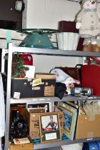 THREE BOXES AND LOOSE CHRISTMAS DECORATIONS, PICTURES, WEDDING DRESS, SEWING MACHINE AND SUNDRY