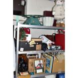 THREE BOXES AND LOOSE CHRISTMAS DECORATIONS, PICTURES, WEDDING DRESS, SEWING MACHINE AND SUNDRY