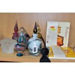 A COLLECTION OF DECORATIVE GLASS PERFUME BOTTLES, REFERENCE BOOKS AND TWO PAPERWEIGHTS, including an