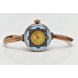 A LADIES GOLD PLATED ENAMEL WRISTWATCH, AF hand wound movement (non-running), round gold tone