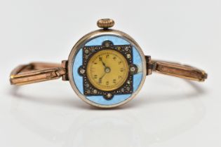 A LADIES GOLD PLATED ENAMEL WRISTWATCH, AF hand wound movement (non-running), round gold tone
