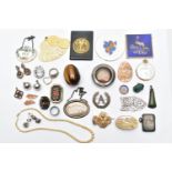 A BOX OF ASSORTED JEWELLERY, to include a paste and white metal horseshoe brooch, a selection of
