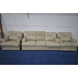 A MODERN ETHOS FOR G PLAN OATMEAL UPHOLSTERED THREE PIECE LOUNGE SUITE, comprising a three seater