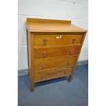 A SOLID OAK CHEST OF FOUR LONG DRAWERS, width 77cm x depth 43cm x height 105cm (condition - damp