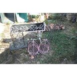 A QUANTITY OF METAL GARDEN ITEMS, to include a wrought iron rectangular planter on a stand, length