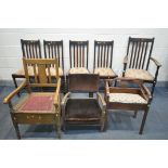 A SET OF FIVE OAK DINING CHAIRS, including one carver, along with a beech dressing stool, a