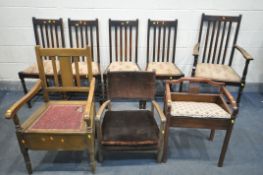 A SET OF FIVE OAK DINING CHAIRS, including one carver, along with a beech dressing stool, a
